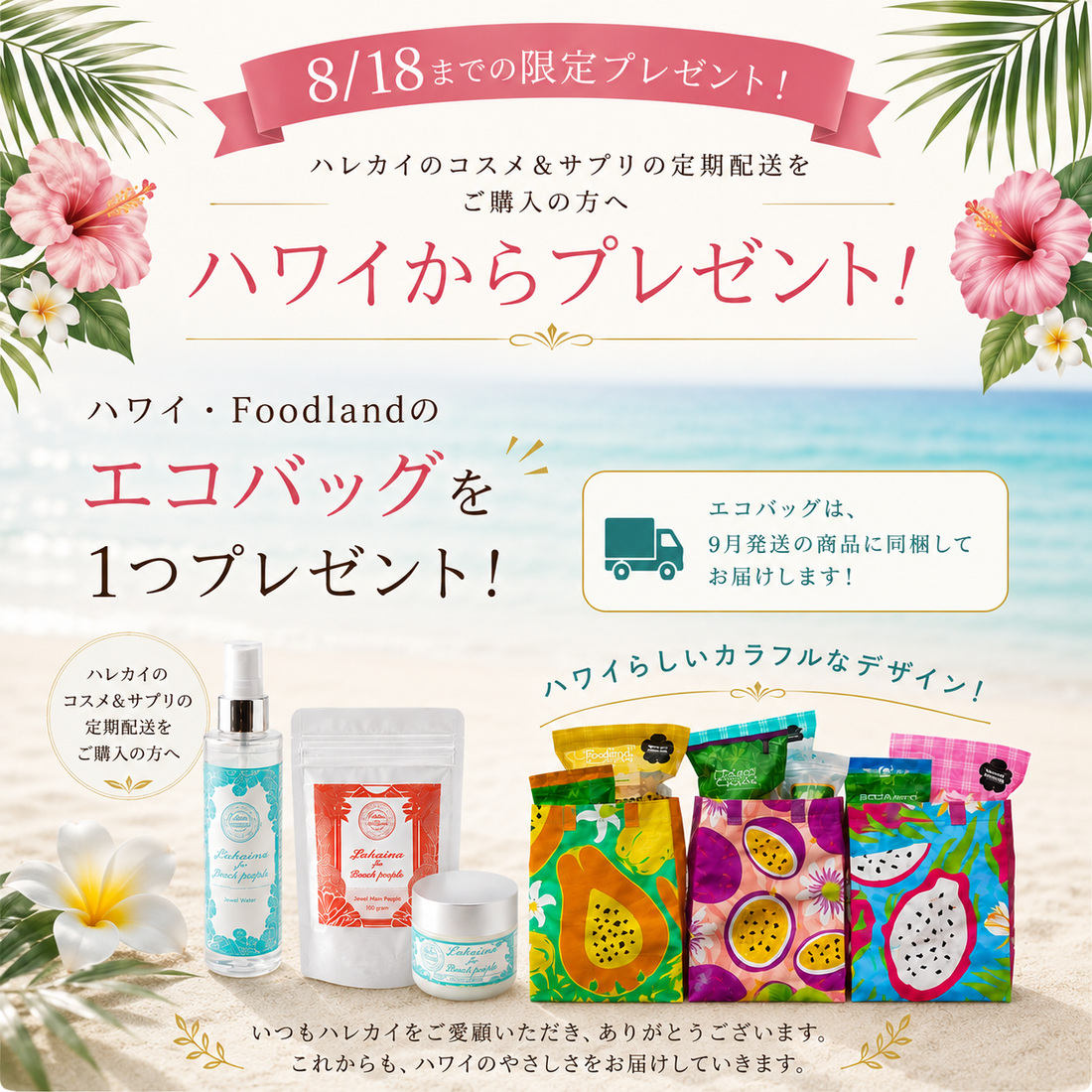 ハレカイ3点セット定期購入でハワイのエコバッグプレゼント♪